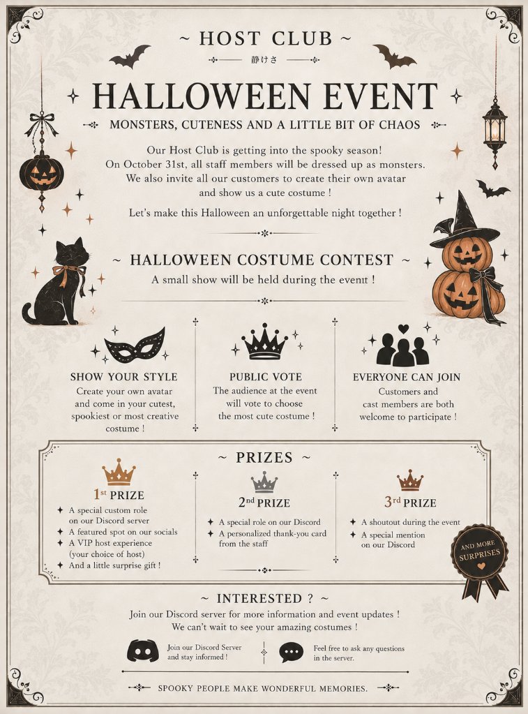 Seren_EventVR's tweet photo. ・・・  N  E  W  S
  
              ─────  ✦  ─────
  🎃 Halloween Night is coming! 🎃  
              ─────  ✦  ───── 

A spooky new evening is soon arriving at our host club, and this time, our staff are becoming monsters! 👻

For Halloween, our hosts will be dressed in their most frightening — and perhaps cutest — monster avatars, ready to welcome you for a special night of fun, surprises, and a little bit of chaos. 🦇✨

But you don't have to be part of our staff to join the fun!  We invite everyone to create their own Halloween avatar and come show us your cutest, spookiest, or most creative costume! 🎃💕

Staff members are welcome to participate too!  And that's not all...  

╭──  ⁺.   🎭  
      H A L L O W E E N  C O S T U M E  
                   C O N T E S T  ⁺.  ──╮

  A special mini-show will take place during the event, where our contestants will have the chance to show off their Halloween looks!  The audience will then vote to decide...👑

 Who will be crowned the BEST costume of the night? 🕸️

There will be prizes for our winners, so bring your best look and let your creativity shine! ✨

Whether you're a cute little ghost, a terrifying monster, a mysterious witch, or something nobody has ever seen before...  We want to see YOU! 🖤🎃

Let's make this Halloween an unforgettable night together.  We can't wait to see all of your wonderful costumes! 🦇✨  

╭──  ⁺.        
│ 🎃 HALLOWEEN EVENT    
│ 🎭 Costume Contest
│ 👻 Special Halloween Show    
│ 🗳️ Public Voting    
│ 🏆 Prizes for the winners 
╰── ✦ ⁺. 

⁺. ──── ✦ ⁺.

╭──  ⁺.    
│ 🇪🇺 CEST — Sunday | 4:00 AM – 5:30 AM   
│ 🇺🇸 EST — Saturday | 10:00 PM – 11:30 PM
│  🇯🇵 JST — Sunday | 11:00 AM – 12:30 PM
╰── ✦ ⁺. 

 ╭──  ⁺.    
⧽  ɢʀᴏᴜᴘ | https://t.co/oEdHcmpni1
⧽  ᴅɪꜱᴄᴏʀᴅ | https://t.co/7bmQBHfcRP
╰── ✦ ⁺.  

Join our Discord to receive the latest information about the event and prepare your Halloween avatar! 🎃

  #VRChat #HostClub #Halloween #SerenityEvent