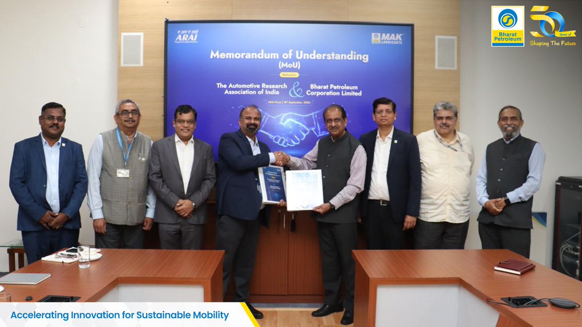 BPCLimited's tweet photo. Bharat Petroleum Corporation Limited (BPCL) and the Automotive Research Association of India (ARAI) have signed a Memorandum of Understanding (MoU) to advance innovation in sustainable mobility. The agreement was signed by Shri Kannan S, Business Head, BPCL Lubes, and Shri Dr. Reji Mathai, Director, ARAI, in the presence of Shri Dr. Bharat Newalkar, Head (R&D), BPCL, and senior officials from both organisations.

The collaboration brings together BPCL R&D and ARAI’s expertise in testing, validation and engineering, with a focus on fuel additives, alternate future fuels, advanced lubricants, speciality fluids and other alternative energy solutions.

The partnership strengthens the pursuit of cleaner, more efficient and self-reliant solutions for India’s automotive and industrial ecosystem.

#BPCL #ARAI #SustainableMobility #EnergyInnovation #AdvancedR&D 
@HardeepSPuri @PetroleumMin @Secretary_MoPNG @BPCLMakLubes @arai_india