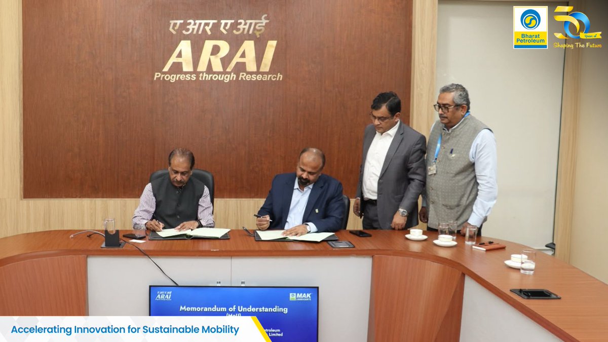 BPCLimited's tweet photo. Bharat Petroleum Corporation Limited (BPCL) and the Automotive Research Association of India (ARAI) have signed a Memorandum of Understanding (MoU) to advance innovation in sustainable mobility. The agreement was signed by Shri Kannan S, Business Head, BPCL Lubes, and Shri Dr. Reji Mathai, Director, ARAI, in the presence of Shri Dr. Bharat Newalkar, Head (R&D), BPCL, and senior officials from both organisations.

The collaboration brings together BPCL R&D and ARAI’s expertise in testing, validation and engineering, with a focus on fuel additives, alternate future fuels, advanced lubricants, speciality fluids and other alternative energy solutions.

The partnership strengthens the pursuit of cleaner, more efficient and self-reliant solutions for India’s automotive and industrial ecosystem.

#BPCL #ARAI #SustainableMobility #EnergyInnovation #AdvancedR&D 
@HardeepSPuri @PetroleumMin @Secretary_MoPNG @BPCLMakLubes @arai_india