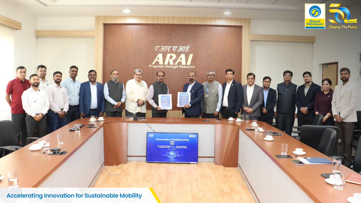 BPCLimited's tweet photo. Bharat Petroleum Corporation Limited (BPCL) and the Automotive Research Association of India (ARAI) have signed a Memorandum of Understanding (MoU) to advance innovation in sustainable mobility. The agreement was signed by Shri Kannan S, Business Head, BPCL Lubes, and Shri Dr. Reji Mathai, Director, ARAI, in the presence of Shri Dr. Bharat Newalkar, Head (R&D), BPCL, and senior officials from both organisations.

The collaboration brings together BPCL R&D and ARAI’s expertise in testing, validation and engineering, with a focus on fuel additives, alternate future fuels, advanced lubricants, speciality fluids and other alternative energy solutions.

The partnership strengthens the pursuit of cleaner, more efficient and self-reliant solutions for India’s automotive and industrial ecosystem.

#BPCL #ARAI #SustainableMobility #EnergyInnovation #AdvancedR&D 
@HardeepSPuri @PetroleumMin @Secretary_MoPNG @BPCLMakLubes @arai_india