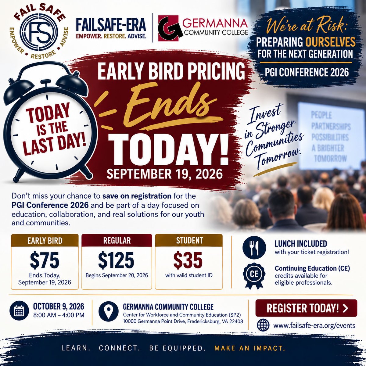 FailSafe_ERA's tweet photo. The countdown is on! Today, September 19, is the FINAL DAY to register for the 2026 PGI Conference at the Early Bird rate of just $75.
Register Now: https://t.co/83cv5jNXL9
LEARN. CONNECT. BE EQUIPPED. MAKE AN IMPACT.
#PGIConference2026 #FailSafeERA #GermannaCommunityCollege https://t.co/W585NovU8o