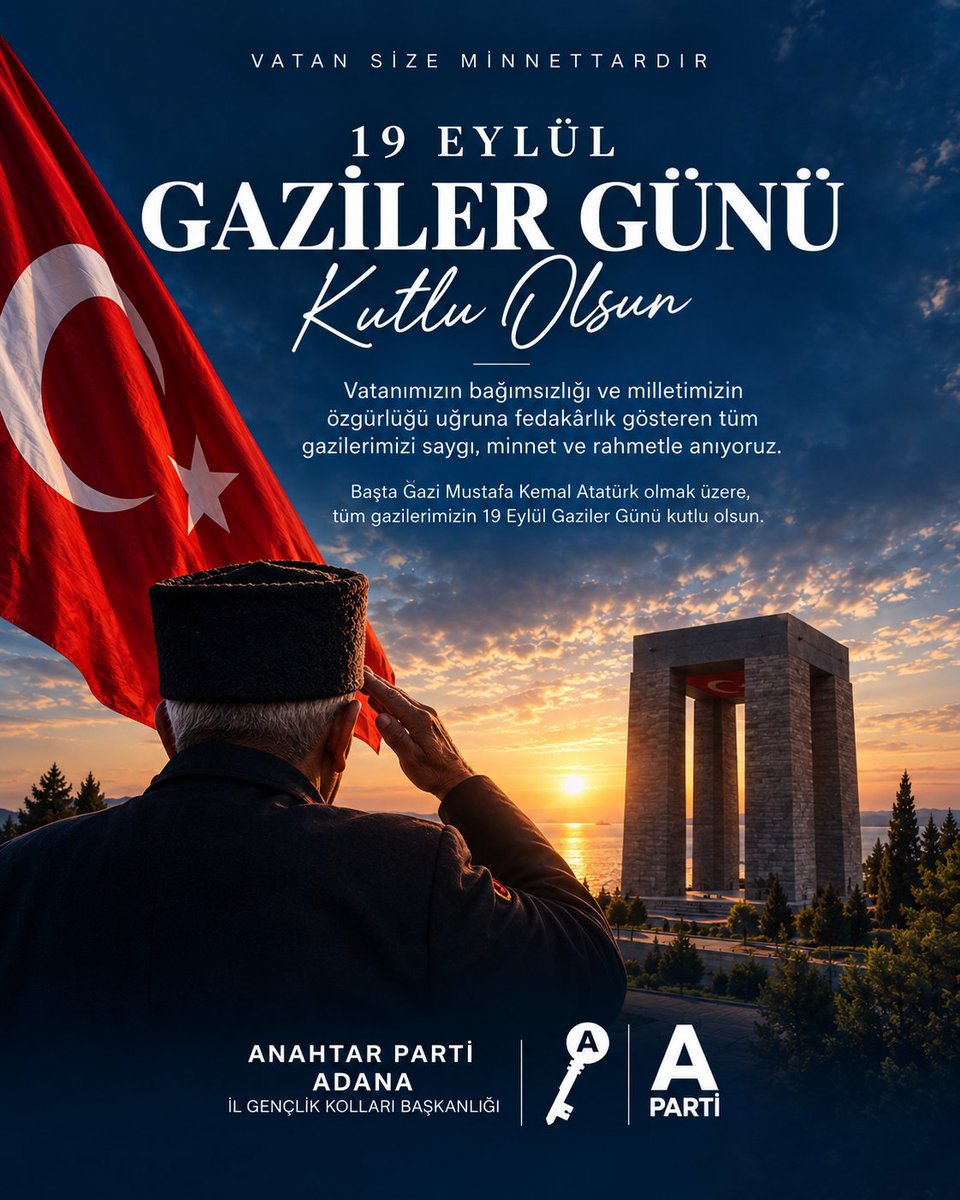 apartigenclik01's tweet photo. 🇹🇷 19 EYLÜL GAZİLER GÜNÜ

Vatanımızın bağımsızlığı ve milletimizin özgürlüğü uğruna fedakârlık gösteren tüm gazilerimizi saygı, minnet ve rahmetle anıyoruz.

Başta Gazi Mustafa Kemal Atatürk olmak üzere, tüm gazilerimizin 19 Eylül Gaziler Günü kutlu olsun. https://t.co/JxzgpbGbzi