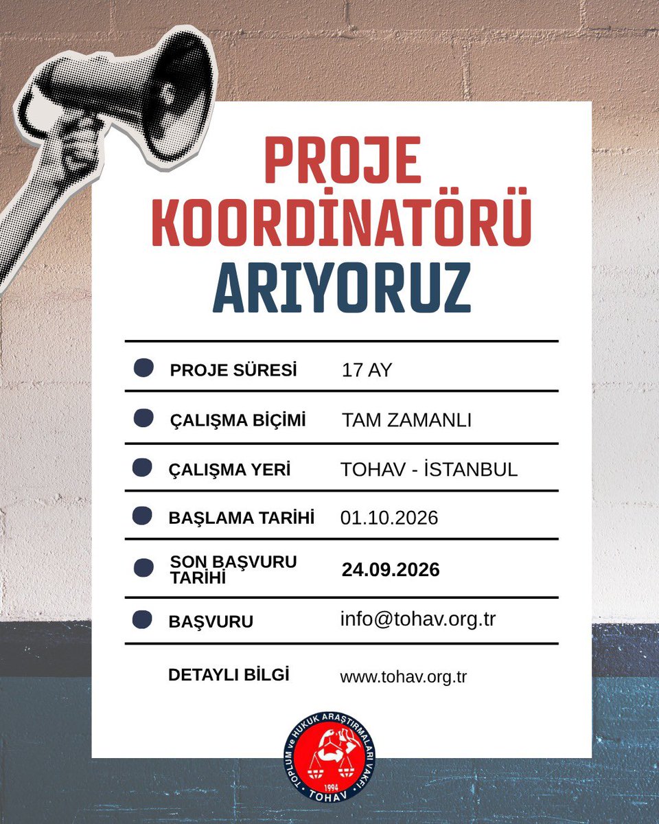 vakftohav's tweet photo. 📢İstanbul’daki ofisimizde tam zamanlı çalışmak üzere Proje Koordinatörü arıyoruz.

🗓️Son başvuru tarihi: 24 Eylül 2026

🔗Başvuru detayları: https://t.co/hL9izLQEln https://t.co/W8p7G76fQd