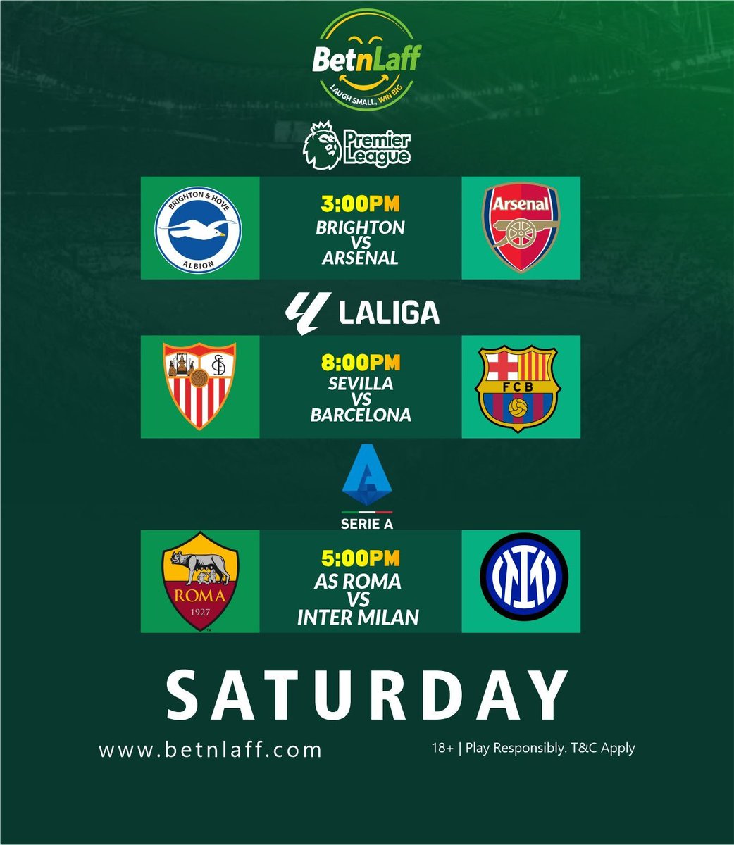 betnlaff's tweet photo. Big action across Europe's top league.

Get the best odds &amp; options on Betnlaff.

#betnlaff #laughsmallwinbig #premierleague #laliga #seriea https://t.co/MgtSVeLOl4
