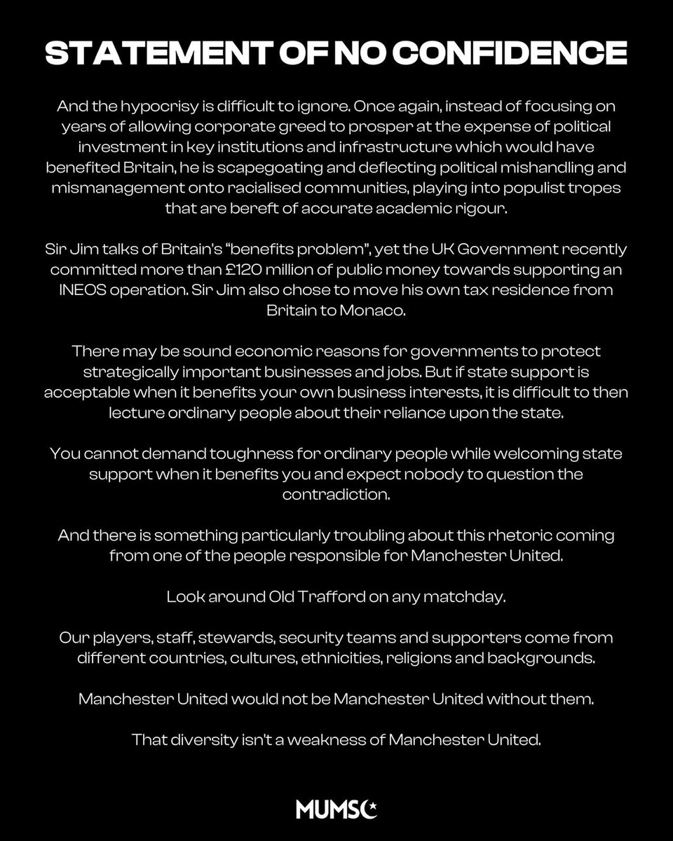 mum_sc's tweet photo. 🚨 After careful consideration of the current direction of Manchester United, the way the club is being run, and recent statements made by Sir Jim Ratcliffe, we wish to issue a statement of no confidence.

Read our full statement below. https://t.co/Qhx2H4PMTP