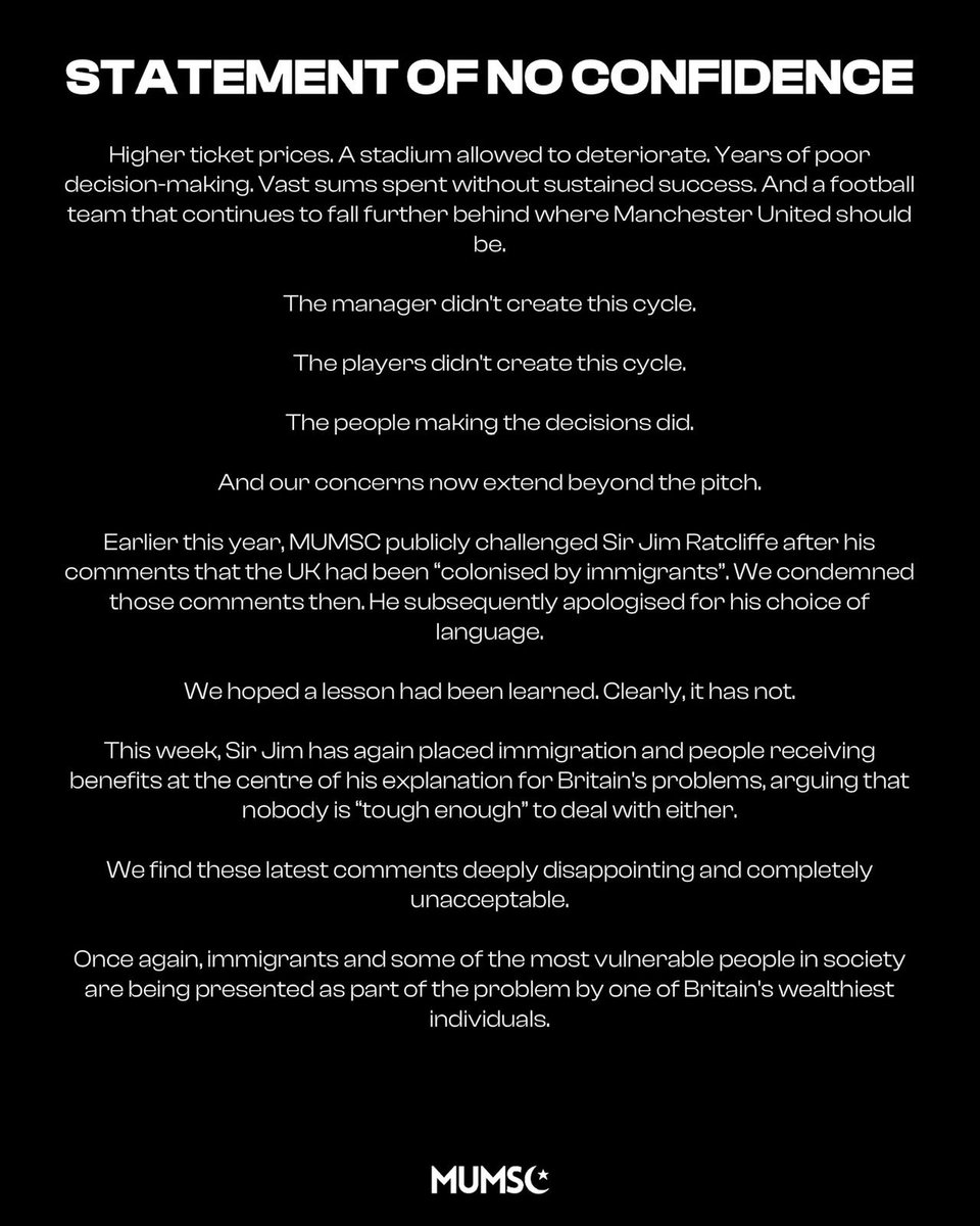 mum_sc's tweet photo. 🚨 After careful consideration of the current direction of Manchester United, the way the club is being run, and recent statements made by Sir Jim Ratcliffe, we wish to issue a statement of no confidence.

Read our full statement below. https://t.co/Qhx2H4PMTP