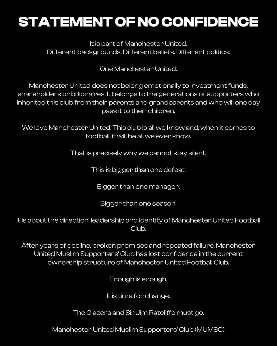 mum_sc's tweet photo. 🚨 After careful consideration of the current direction of Manchester United, the way the club is being run, and recent statements made by Sir Jim Ratcliffe, we wish to issue a statement of no confidence.

Read our full statement below. https://t.co/Qhx2H4PMTP