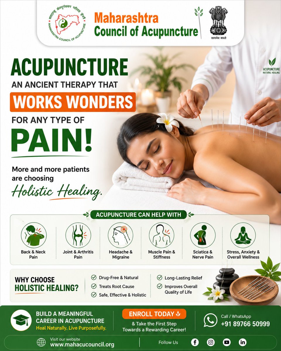 mahaacupuncture's tweet photo. ॲक्युपंक्चरमध्ये अर्थपूर्ण करिअर घडवण्याची तयारी आहे का?
🎓 Acupuncture Diploma Course मध्ये प्रवेश घ्या आणि Registered Acupuncture Practitioner (RAP) बनण्याच्या दिशेने पहिले पाऊल टाका.
📞 Call / WhatsApp: +91 89766 50999
🌐 https://t.co/UQDSOyMV8d
#Acupuncture #Course #Diploma https://t.co/gncp6EptO6