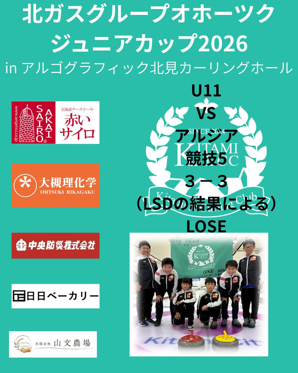 kitamiJrcurling's tweet photo. 北ガスグループオホーツクジュニアカップ2026
競技5
小学生の部
きたみJrカーリングくらぶU11  VS  アルジア
3-3で負けました。（LSDの結果）

きたみJrカーリングくらぶU-12  VS  HARYS
11-1で勝ちました。 https://t.co/gwYXgitkte