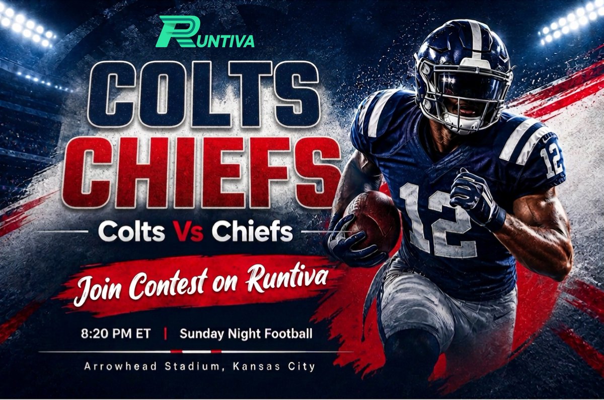 runtiva's tweet photo. Colts vs. Chiefs. Sunday Night Football. 🏟️ Arrowhead Stadium, Kansas City.   Don't just watch the game, get in on the action! Join the fantasy contest on Runtiva before kickoff at 8:20 PM ET. Draft your squad and climb the leaderboard.   Link to play: [https://t.co/JKxSwOMit0 #Runtiva #FantasySports #INDvsKC
