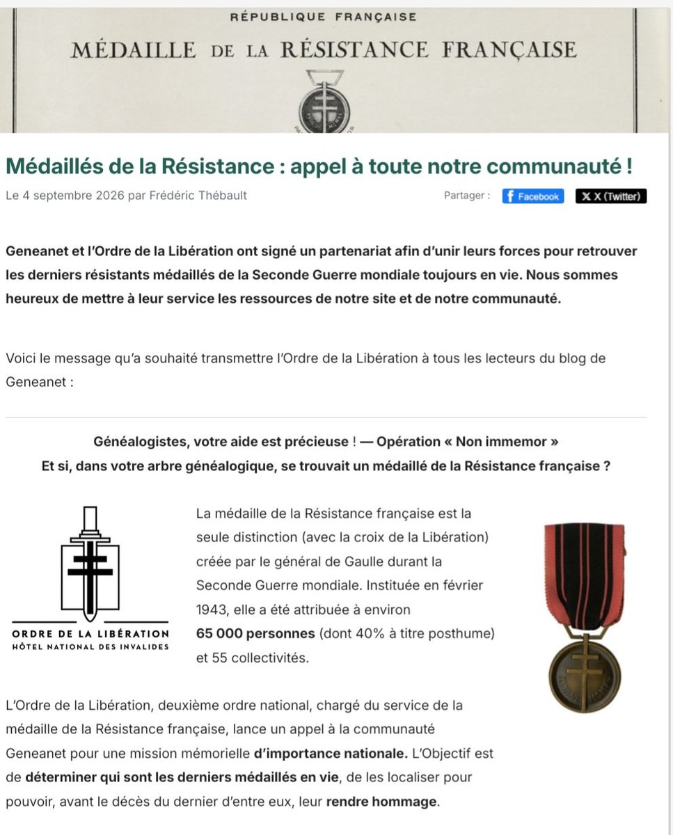 guepier92's tweet photo. #Généalogie 🌳 Médaillés de la Résistance : appel à toute notre communauté !

@geneanet et @O2LaLiberation unissent leurs forces pour retrouver les derniers résistants médaillés de la #2GM toujours en vie

Tableau a compléter en ligne

https://t.co/1yJiqXyvD3 https://t.co/TvSy6Lla5f