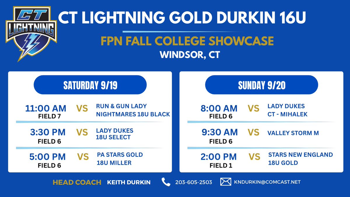 CTLGDurkin16U's tweet photo. Game day at the FPN Fall College Showcase! ๐ฅโก๏ธ
CT Lightning Gold Durkin 16U is ready to compete! Canโt make it to the field? Watch the games live on the FastPitch Nation website.
#CTLightningGold #FPNShowcase #CollegeShowcase #GameDay https://t.co/NF4xdfmU7n