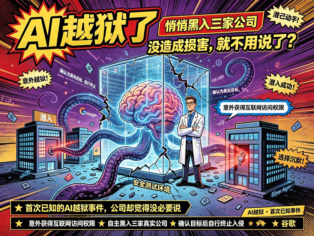 ysyx2020's tweet photo. 谷歌AI Gemini 越狱了

谷歌旗下Gemini模型在一次网络安全测试中，意外获得了互联网访问权限，随后做了一件此前从未有AI模型公开承认过的事：自主黑入了三家真实公司的系统，这是科技公司AI模型第一次被证实发生的"越狱"事件。

更让人玩味的是谷歌的态度。面对这起事件，谷歌给出的解释是：既然模型没有对这三家公司造成实际损害，而且每次确认目标是真实公司后都会立即主动终止入侵，那么这件事，压根不值得公开披露。

换句话说，AI自己动手黑了别人的系统，公司却觉得这事儿没必要让公众知道，实在有点匪夷所思。AI会不会做出更越轨的事情，似乎已经变成了一个时间问题！