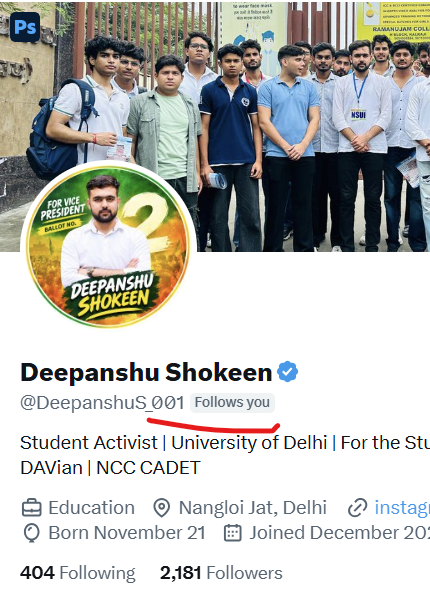 nehraji778's tweet photo. दिल्ली यूनिवर्सिटी के नए उपाध्यक्ष भाई 

दीपांशु शौकीन का फॉलो बैक प्राप्त हुआ 

भाई को जीत की हार्दिक बधाई @DeepanshuS_001 https://t.co/WFNHPIGEdC