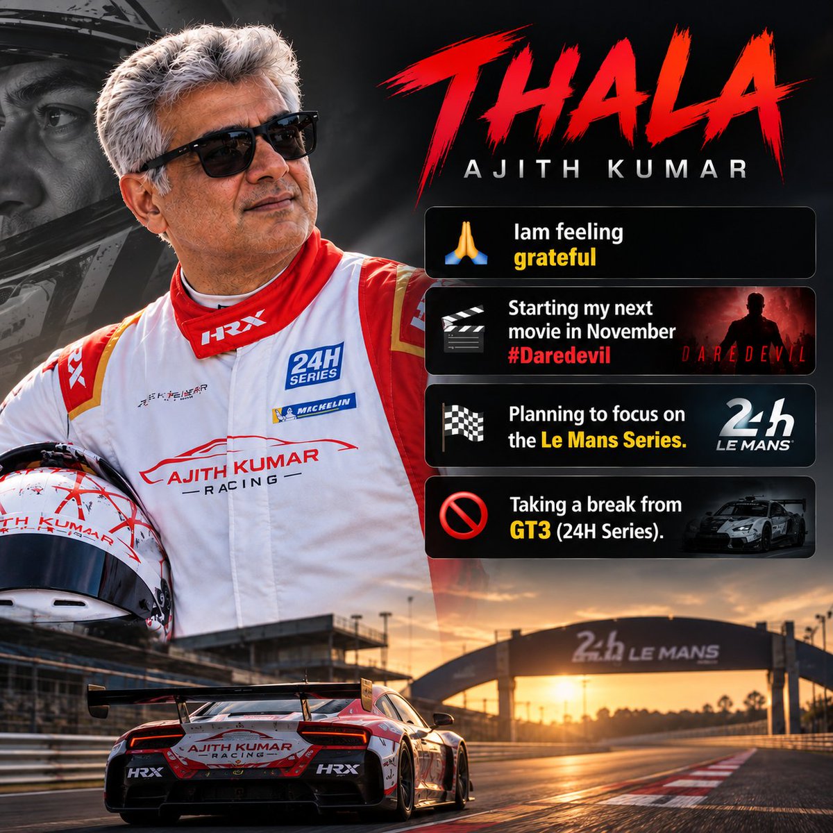 EmperorAjithFC's tweet photo. AK recent Interview at Barcelona   🏁 🏎 

🙏 Grateful for the journey
🎬 #DareDevil — filming begins in November
🏁 Focus shifts to the Le Mans Series
🏎️ Taking a break from GT3
🔥 More focus on LMP2 &amp; LMP3

Cinema. Racing. The journey continues. 👑

#AjithKumar #Gladiators https://t.co/ZpdJzolitU