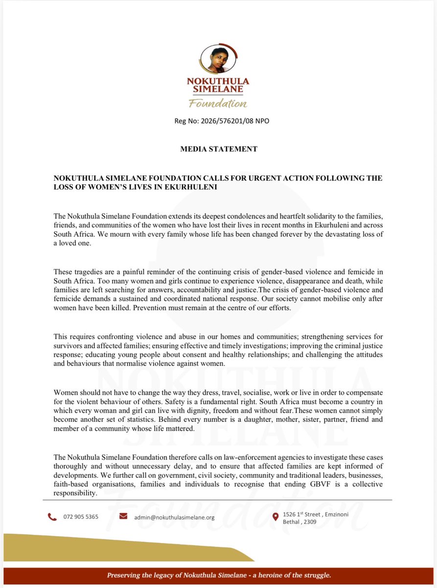 NokuthulaSF's tweet photo. MEDIA STATEMENT | The Nokuthula Simelane Foundation calls for urgent action following the loss of women’s lives in Ekurhuleni.

We stand with the families. Women should not have to change how they live to be safe. Ending GBVF is a collective responsibility.

Full statement in the post .

#EndGBVF