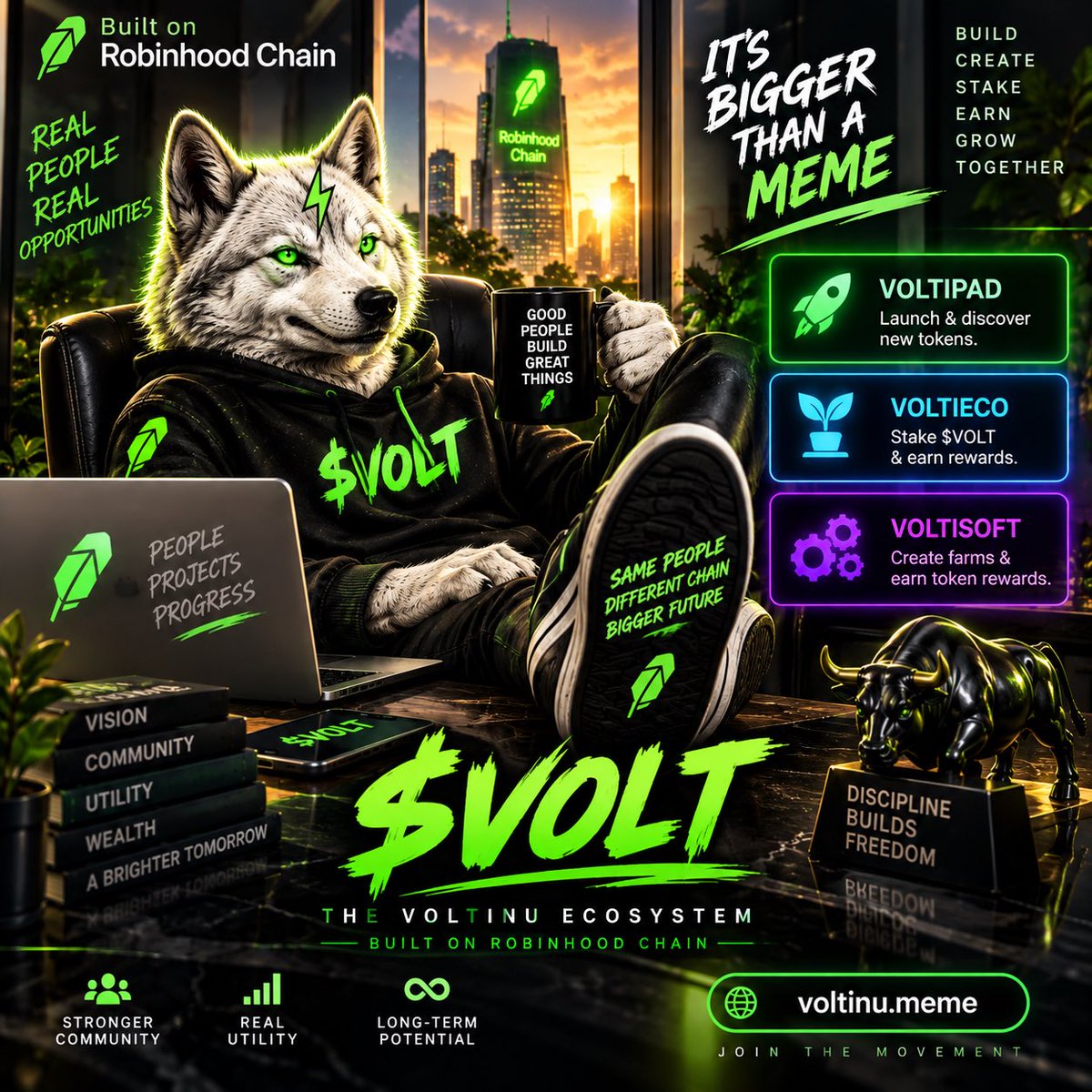 Sovolteddad1's tweet photo. ⚡ What’s being built around $VOLT?

Now on Robinhood Chain 🟢🐺

🚀 #VoltiPad — Launch &amp; discover tokens
🌱 #VoltiEco — Stake $VOLT &amp; earn rewards
⚙️ #VoltiSoft — Create farms &amp; earn token rewards

Meme + Utility + Ecosystem ⚡

🌐 https://t.co/Edq4aB4i5B

#VOLT #RobinhoodChain https://t.co/YC1vCMAVtn
