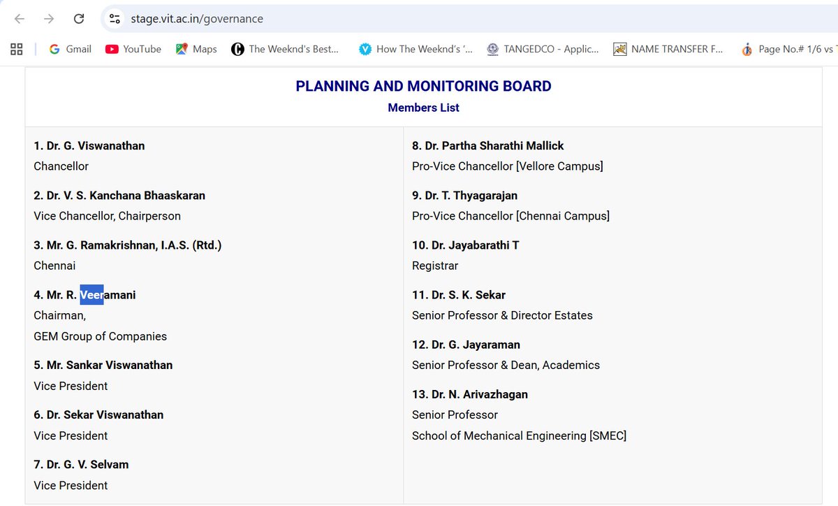 Sidprabhakar7's tweet photo. GEM Group Chairman R Veeramani, accused in child sexual abuse of multiple minor girls, sits on the Planning and Monitoring Board of Vellore Institute of Technology (VIT). Alongside Chancellor G Viswanathan @velloregv @VIT_univ 
Screenshot from their website taken now👇 https://t.co/mtMBkrlXIn