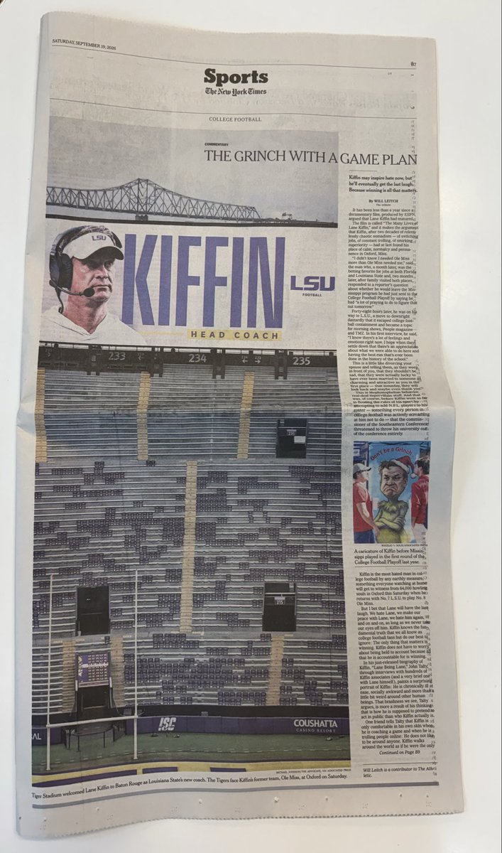 Sheadixon's tweet photo. LSU Football and Lane Kiffin are headline news today. Yes, even in print.

The front page of this morning’s The New York Times Sports section. https://t.co/dzspAbznAx