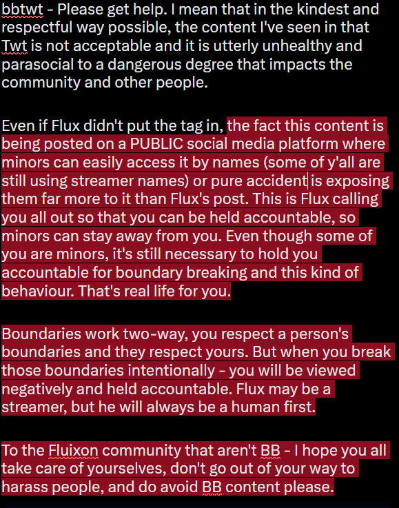 FarrynArts's tweet photo. As a Fluixon mod - I do need to speak up on the current matter regarding boundary breaking of a person's boundaries, streamer or not. - Classy

Also apologies to friends who are seeing this, had to speak up on this given who I moderate for. https://t.co/rChE4JMNmy