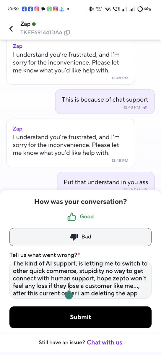 RocksSkd's tweet photo. @ZeptoNow @aadit_palicha hope you understand this... Bye bye deleting you from my phone... 
Switching to other quick commerce app who will provide better support then you... Wish you luck on the kind of business you are running https://t.co/3oJ2EzwxMs