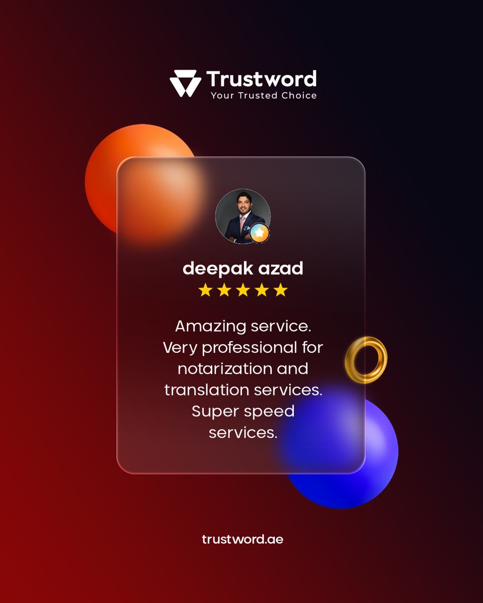 trustword_ae's tweet photo. Thank you, Deepak Azad, for your kind words and for trusting Trustword with your notarization and translation needs.

054 517 8608
https://t.co/ZG5nPu4VSr

#Trustword #Dubai #UAE #NotaryServices #Notarization #LegalTranslation #TranslationServices #DubaiNotary #LegalServices https://t.co/U1NAHYm6Kl