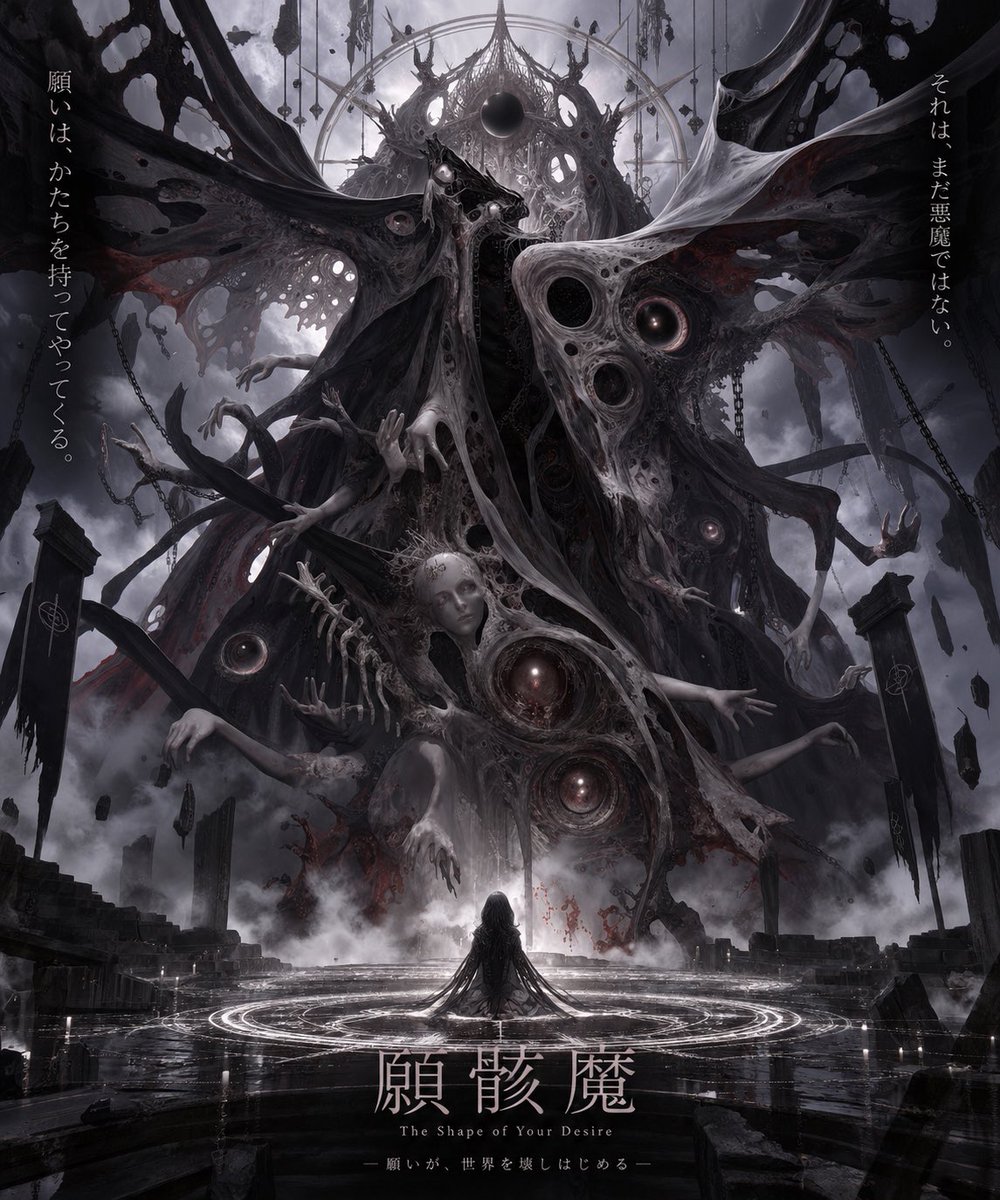 _SINLA_'s tweet photo. #メリーの悪魔召喚祭

《願骸魔（がんがいま）》

悪魔を喚んだつもりだった。

けれど、現れたソレには名も、姿も、意思さえもなかった。

「願え」

その声に従い、男は願った。

するとソレは笑い、ゆっくりと形を得ていく。

願いを骨に。
欲望を肉に。
絶望を血に。

悪魔を召喚したのではない。

お前の願いが、悪魔になったのだ。

#ProjectALC