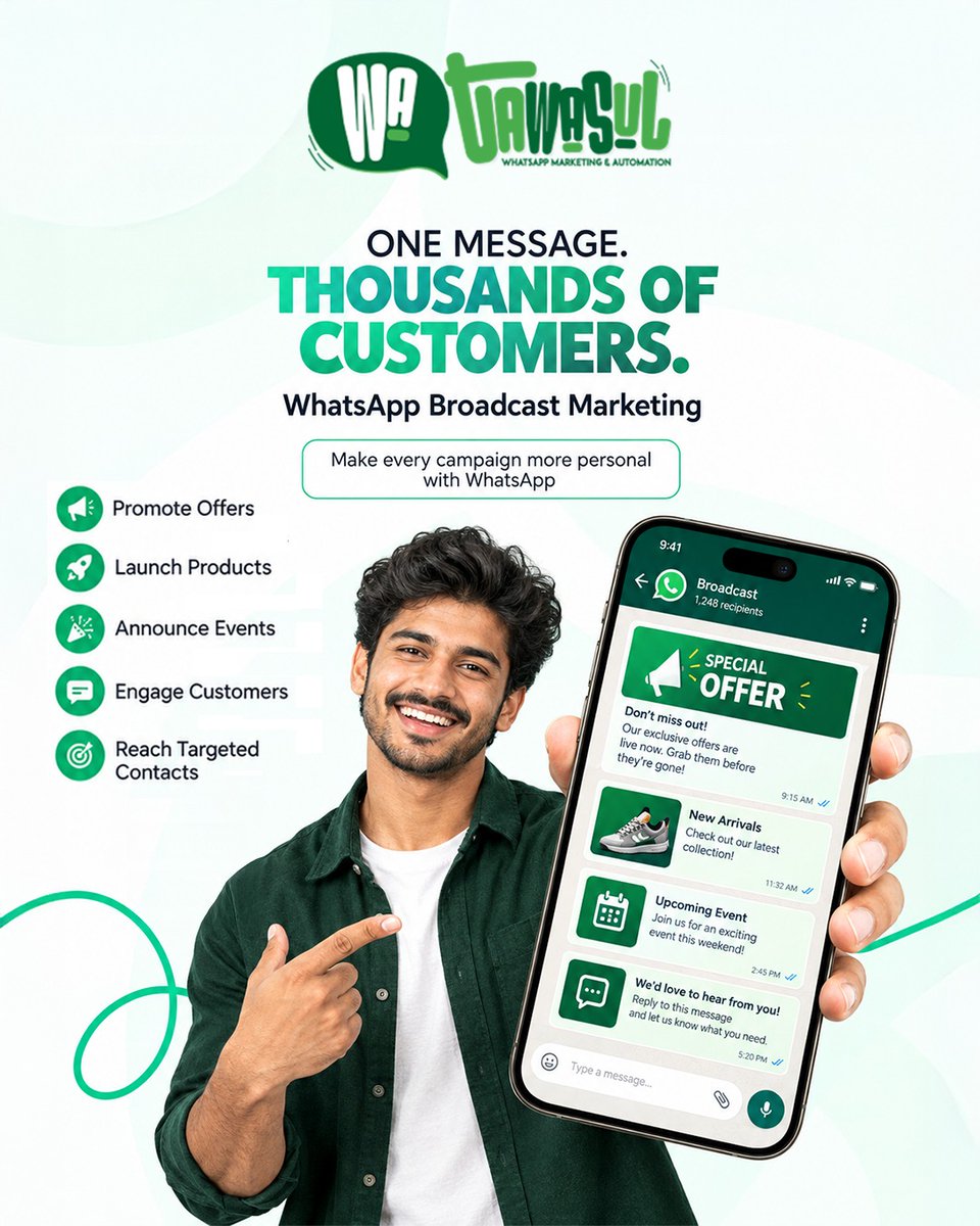 creativeiinc's tweet photo. One message. Thousands of customers. 💬

Reach your audience directly with WhatsApp Marketing &amp; Automation by Watawasul. Promote offers, launch products, engage customers &amp; grow your business.
📞 +971 55 869 4287
🌐 https://t.co/iD3yziy5TS
#WhatsAppMarketing #WhatsAppAutomation https://t.co/wDIhu1tRpm