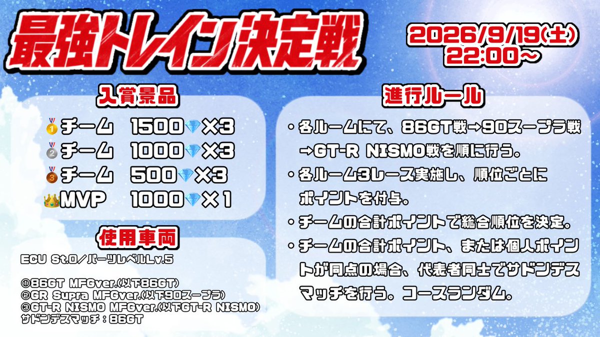 etowaru_utakata's tweet photo. 🔔配信告知💎

本日22:00ꕀ⋆

レーマス公認主催大会です🏎

MFゴーストコラボ車で最強トレインの座を掴むのはどのチームになるのか…！？

https://t.co/jY8eXDLHRT https://t.co/imNq0ohBH5