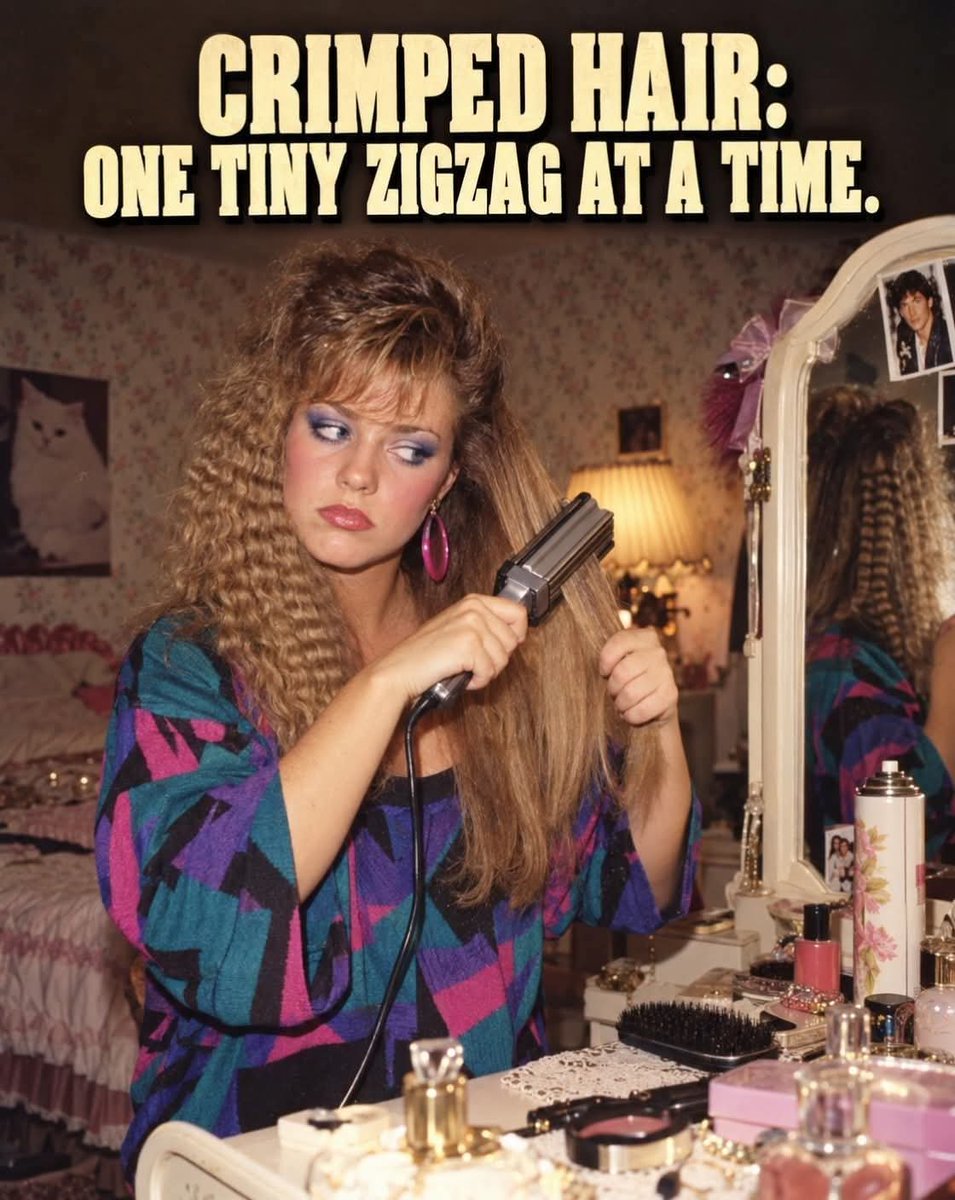StarrSafa's tweet photo. Crimped hair—one tiny section at a time until your arms hurt and your hair was twice its normal size! 😂

How long did it take you to crimp your whole head? 👇

#80sGirls #GenXMemories #CrimpedHair #80sHair #GrowingUpInThe80s https://t.co/g05fAsscyv
