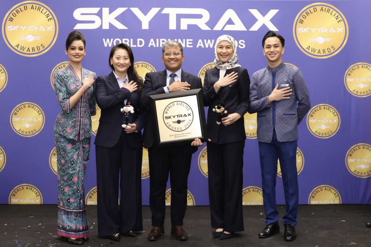 MAS's tweet photo. A proud moment for Malaysia. 🇲🇾🛫

Malaysia Airlines continues to rise at the 2026 Skytrax World Airline Awards, powered by the people who bring Malaysian Hospitality to life every day.

• #1 Best Airline Staff in Asia, up 6 places
• #2 World’s Best Airport Services, up 4 places
• #3 World’s Best Cabin Crew, up 5 places
• #10 Best Airline in Asia
• #11 World’s Cleanest Airline, up 1 place
• #12 World’s Best Economy Class Airlines, up 4 places
• #18 World’s Best Business Class Airlines, a new entry
• #21 World’s Best Airline, up 6 places

And together with our oneworld partners, we celebrate oneworld being named World’s Best Airline Alliance at the 2026 Skytrax World Airline Awards.

Every step forward belongs to our people, in the air and on the ground, and to our customers, partners and supporters who continue to journey with us.

Thank you for believing in Malaysian Hospitality.

We have come a long way. And we are still climbing.

Together, towards our ambition of becoming one of the world’s Top 10 airlines by 2030.

#MalaysiaAirlines #YourGatewayToAsiaAndBeyond #MalaysianHospitality