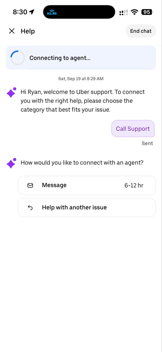 flyryan's tweet photo. @Uber_Support To add insult to injury, the car I booked for my airport trip (my last uber trip) hasn’t even been assigned and it’s 8:30. When I message support, my only option is 6-12 hour messaging. What happened to Uber? We chose you for our business because you had service. https://t.co/z998nMJqVs