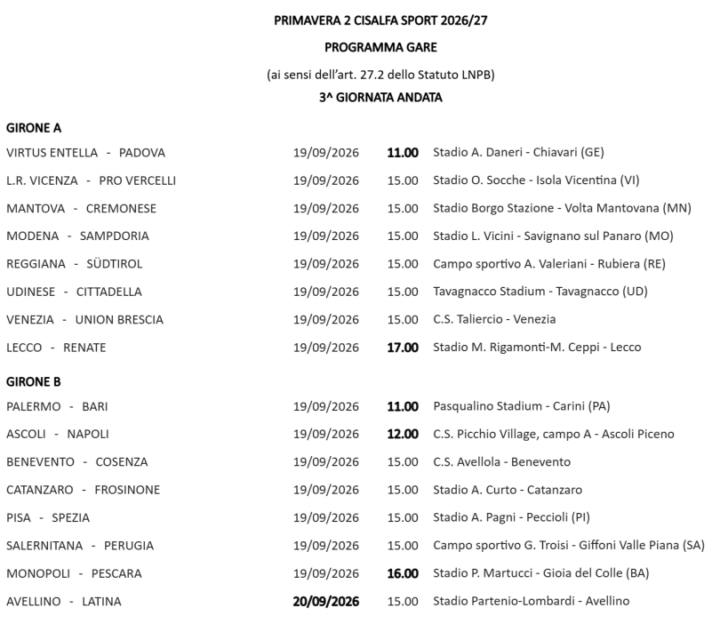 tabellamercatob's tweet photo. Tornei giovani /2
Oggi 3^ giornata #Primavera2
32 squadre in due gironi, 14 di #SerieB
Girone A: #Cremonese, #Mantova, #Modena, #Padova, #Sampdoria, #Sudtirol, #Vicenza e #VirtusEntella
Girone B: #Ascoli, #Avellino, #Benevento, #catanzaro, #Palermo e #Pisa
Programma completo https://t.co/xz5Xndu9rm