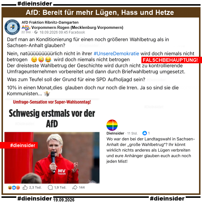 Die_Insider's tweet photo. Die #AfD versucht bei jeder Gelegenheit, unsere Demokratie schlecht zu machen und verbreitet Lügen um Lügen! #ltwmv2026

#LautGegenNazis #NiemalsAfD #AfDVerbot
#Antifaschismus #GemeinsamGegenHass #DieInsider📎 https://t.co/Oz03hiedQC
