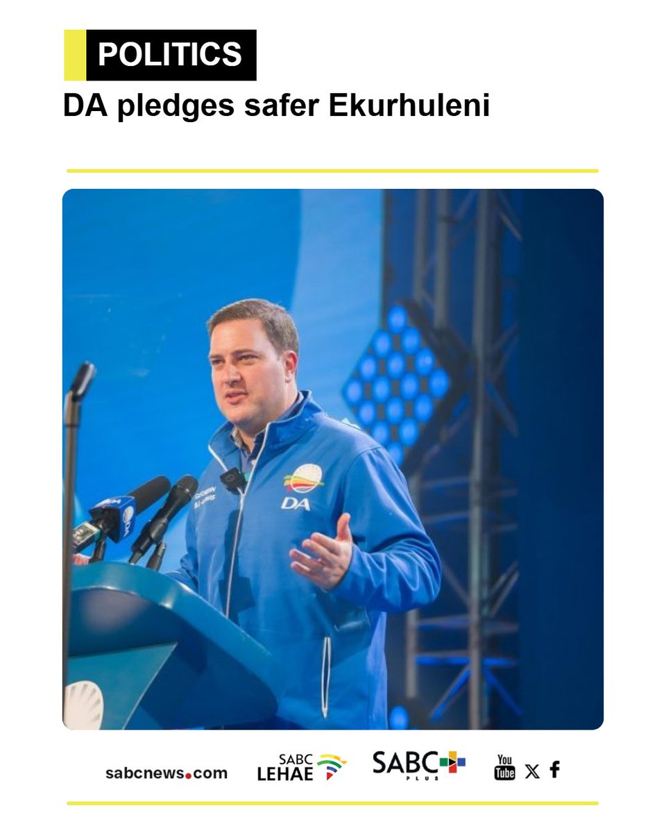 SABCNews's tweet photo. Democratic Alliance (DA) leader Geordin Hill-Lewis says residents of Ekurhuleni on Gauteng’s East Rand will be safer under a DA government. https://t.co/gOpgTQJXFR https://t.co/WGaDnbPzf1