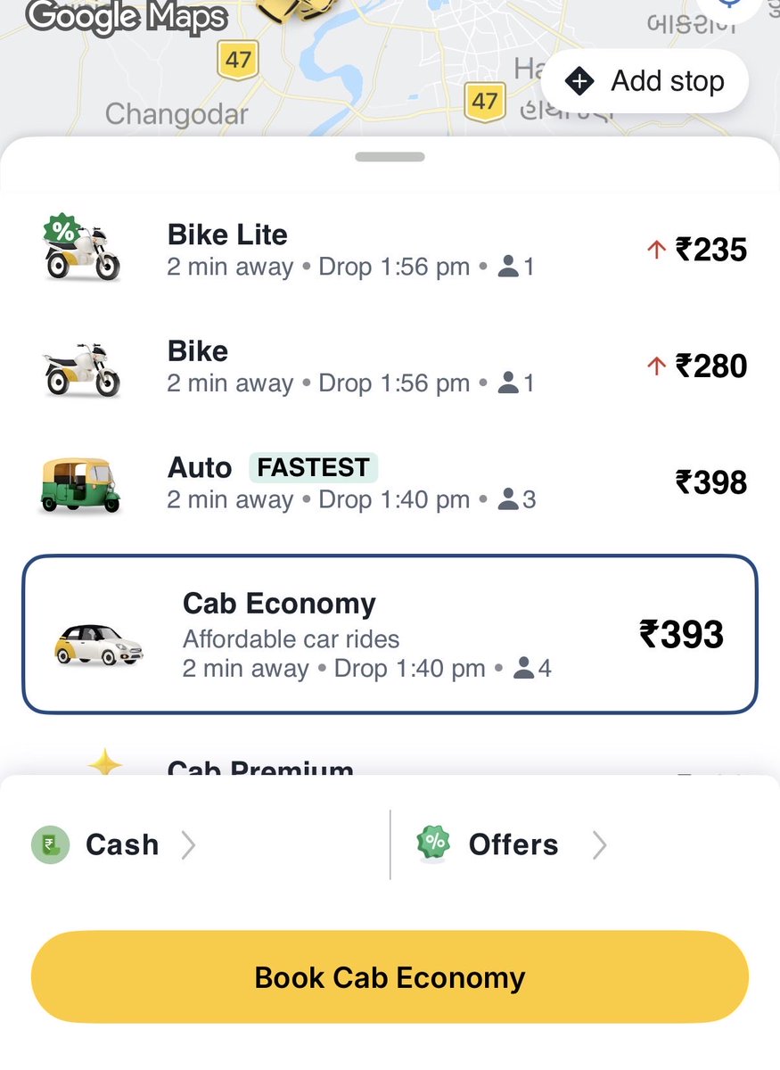 kumarmanish9's tweet photo. Same Distance. During same time. 
Bharat Taxi - Rs 602 
Uber Go - Rs 395 
Rapido- Rs 393.

There is new phenomenon where uber drivers after booking asking to cancel the ride and insists on booking Bharat taxi. 

Bharat taxi even by per ln rate is exorbitantly high. #Ahmedabad 

This is just arm twisting. @Udaypatel30