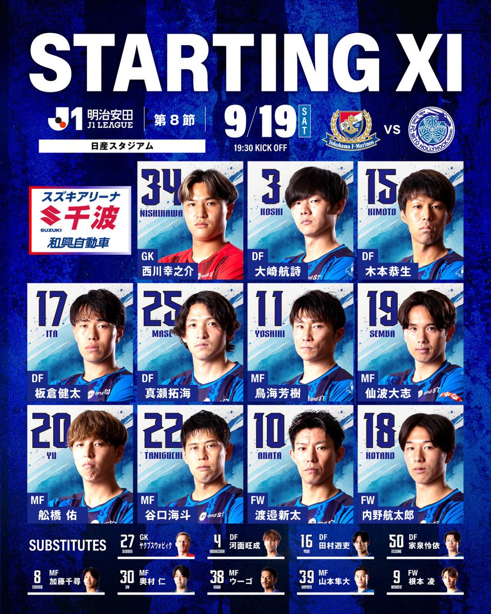 hollyhock_staff's tweet photo. 🟦２０２６／２７明治安田Ｊ１リーグ 第8節🟦
 
【STARTING MEMBER】
 
🆚#横浜F・マリノス
⏱9月19日(土)19:30キックオフ
🎥#DAZN 視聴
➡https://t.co/LwdmfKj1JR
#スポーツくじWINNER 購入 #PR
➡https://t.co/hALGedBLZj
#0919横浜FM戦 #水戸ホーリーホック
#スズキアリーナ千波 #和興自動車 https://t.co/j0BiGIHeZk
