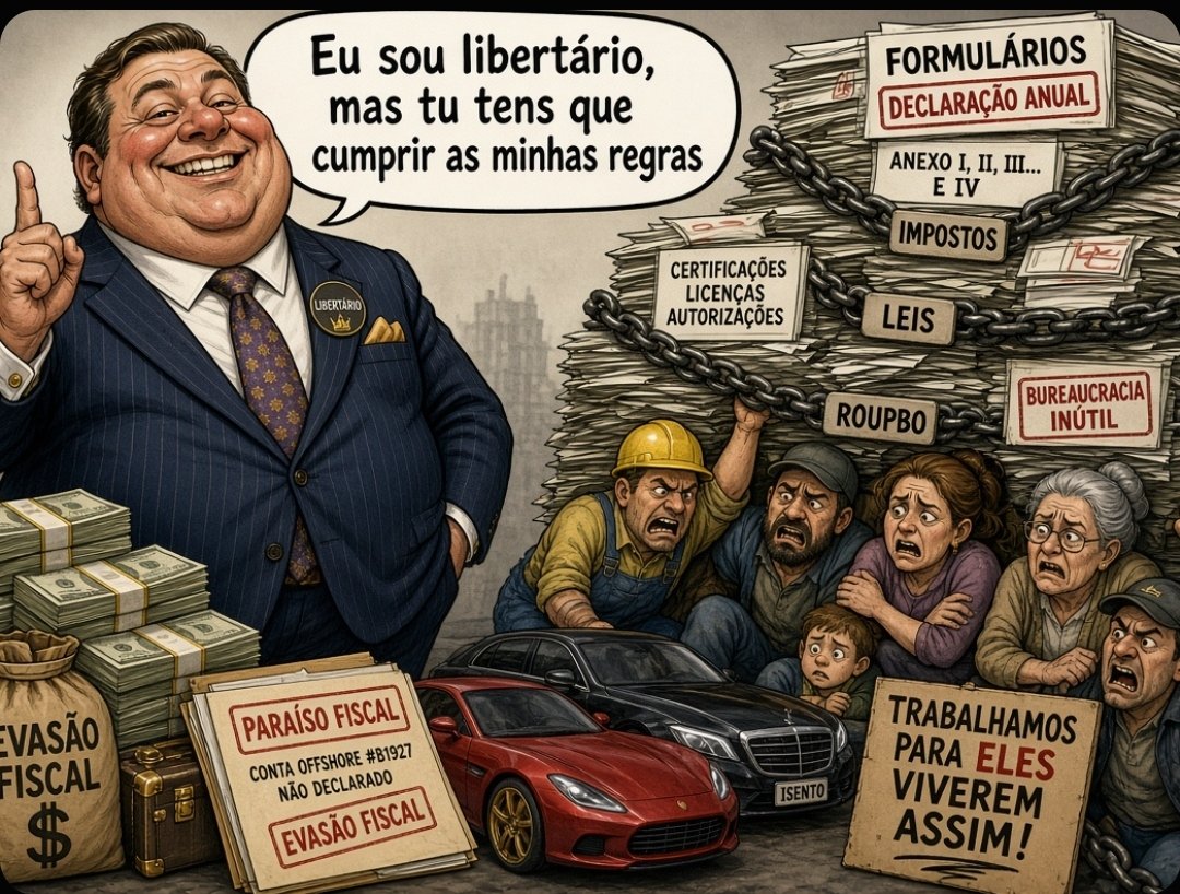 HugoCar92021441's tweet photo. Os políticos agem como libertários,
mas obrigam-te a cumprir as regras deles: impostos, licenças, formulários e burocracia.
Eles fogem para paraísos fiscais, ocultam rendimentos, fazem obras e passam por cima das regulamentações.  
Enquanto tu sufocas com o peso do roubo estatal. https://t.co/fxuT5aOYx3