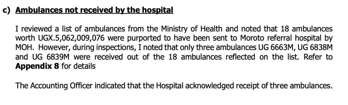 Sambannz's tweet photo. 18 ambulances 🚑 worth Ugx 5,062,009,076 were supposed to go to Moroto referral hospital from @MinofHealthUG
The hospital received only 3 ambulances

Meaning, someone at MOH ate 15 ambulances meant for people from the 9 districts of Karamoja sub-region which the hospital serves. https://t.co/EorR90DCQ4