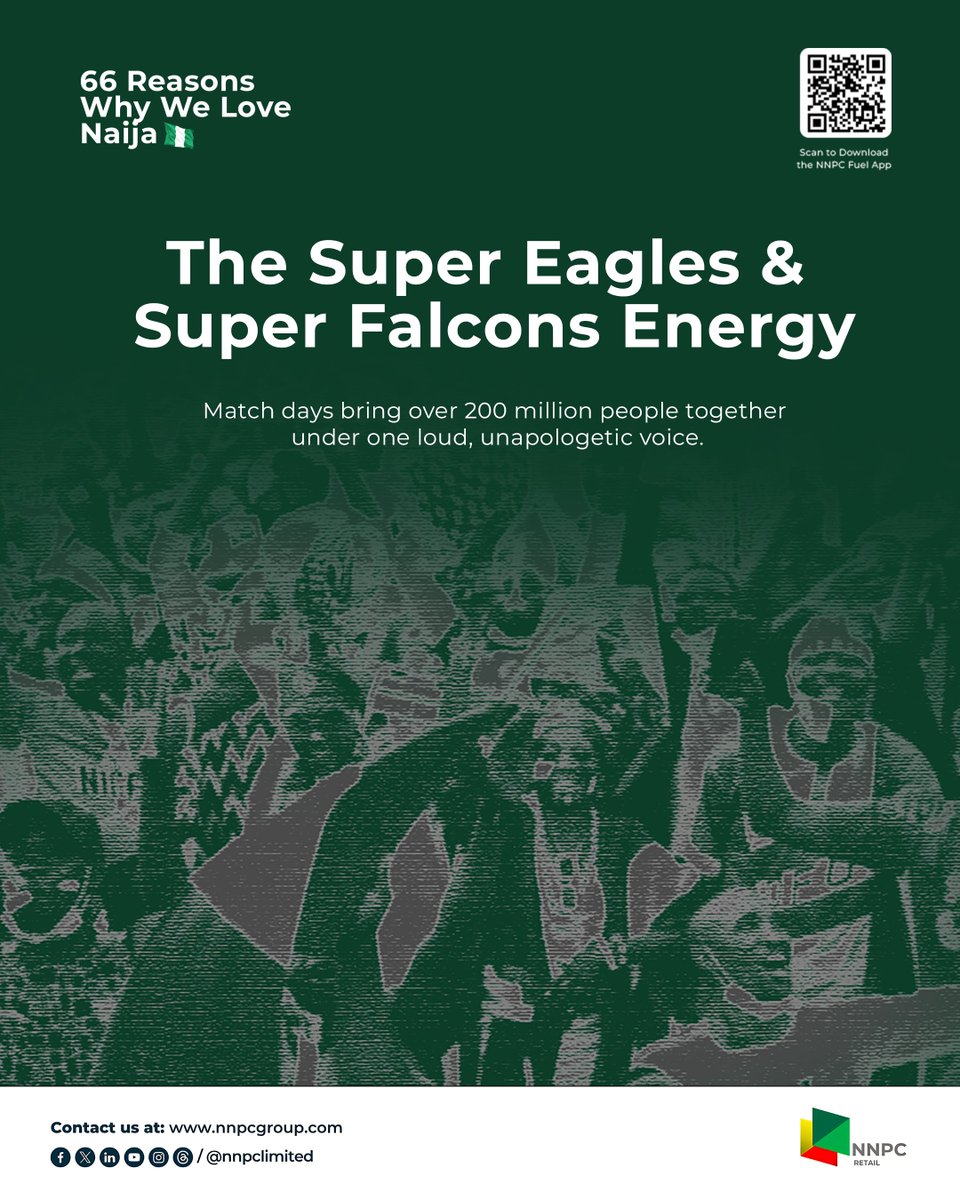 NNPC_Retail's tweet photo. Millions of voices, one chant. That's the power of football
#energyfortoday
#energyfortomorrow
#NNPCNaija66
#FuelTheFreedom https://t.co/6JK84RUit8