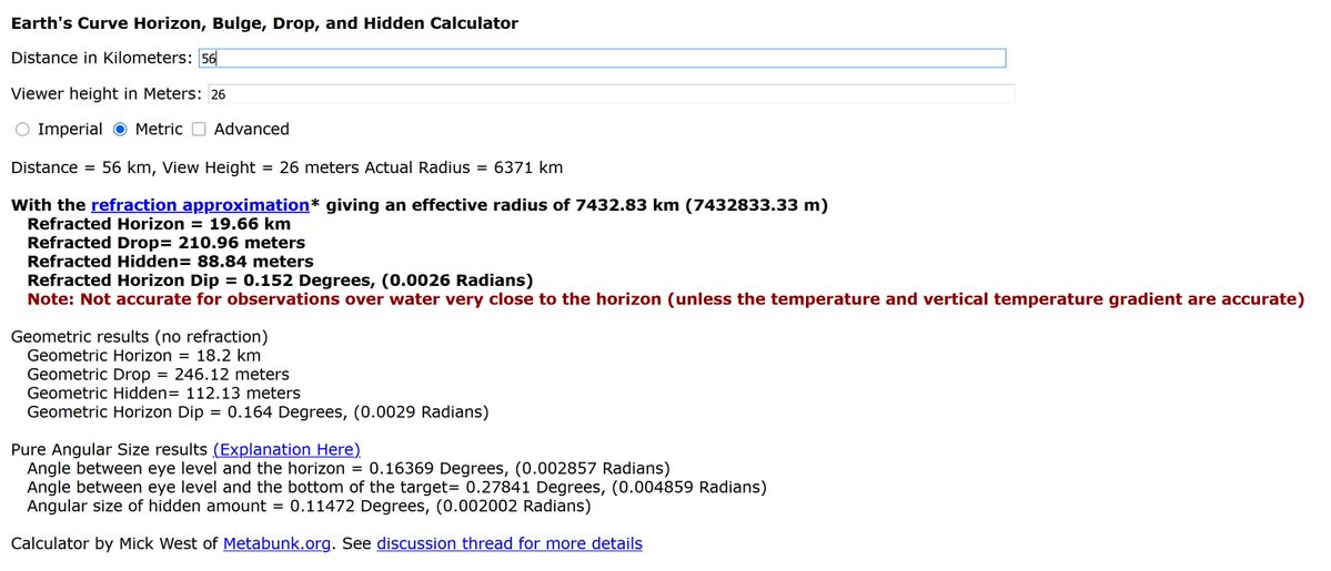 0zflerf's tweet photo. @ducatipilot The refracted hidden height for the globe is almost 3m greater than the hill.
>The red text flerf!!!!
If someone is going to claim anything more than standard refraction they need to make an actual case for it and not just move a dial on bislin's calculator until it works. https://t.co/e7V79oMyB4
