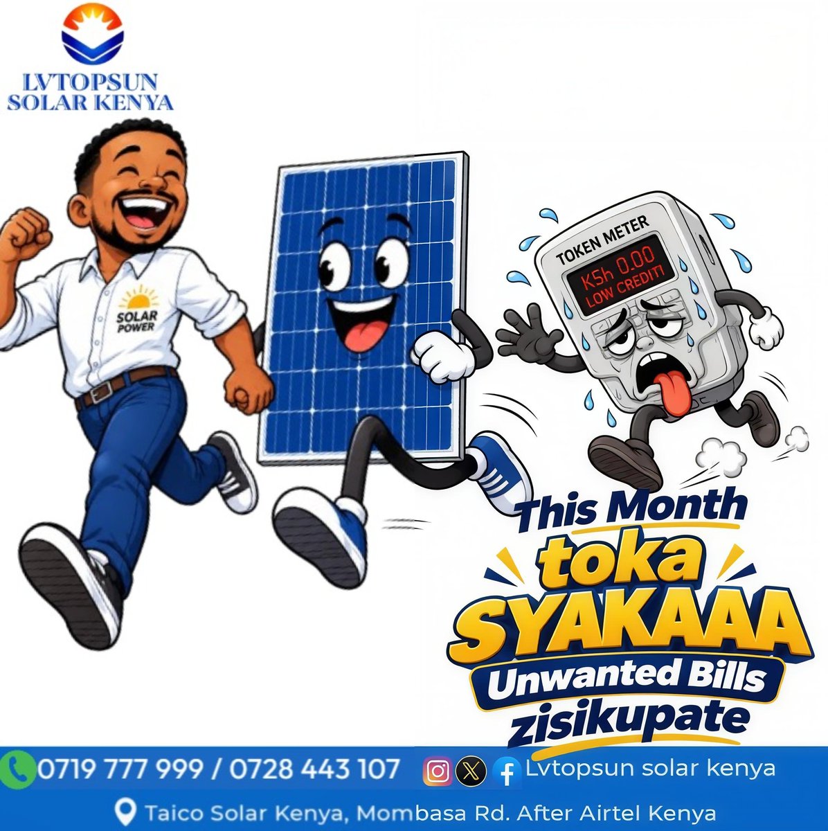 LVTOPSUNKE's tweet photo. Toka Syakaaa Electricity bills zisikupate this month!
​Why stress over Low Credit token warnings when you can run your home or business on clean free sunshine?   
​#LVTOPSUN #TokaSyakaa #SayNoToTokens #SolarEnergyKenya #CleanPower #MombasaRoad https://t.co/oViqCZMfwC