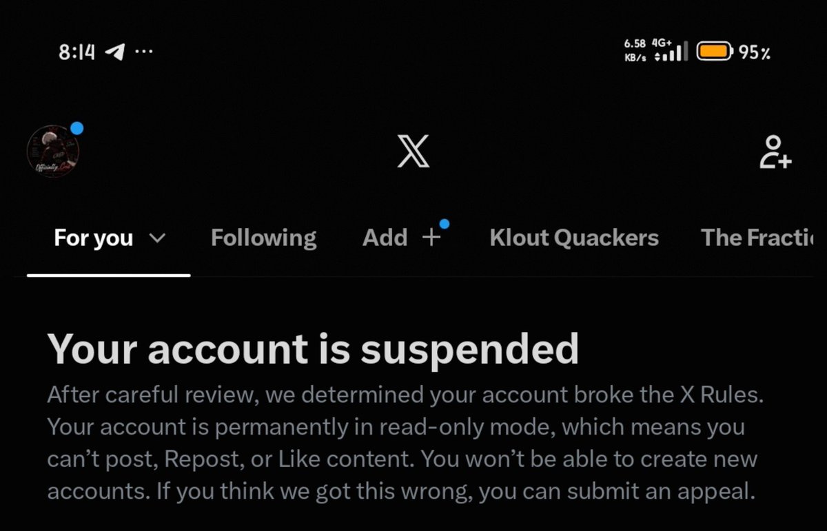 Wtf_awmo's tweet photo. It was around 24hrs ago that I wanted to make a reply to a post, the reply kept failing and I thought it was X issues

Then I realized that the post I liked was unlike, that was when I realized that my account @Officially_Cred has been suspended, and I didn't do anything wrong that could trigger suspension 

This really "hit different" like AI would say

Anyway good morning and happy weekend, I would like to connect with everyone

Please let's connect 🙏