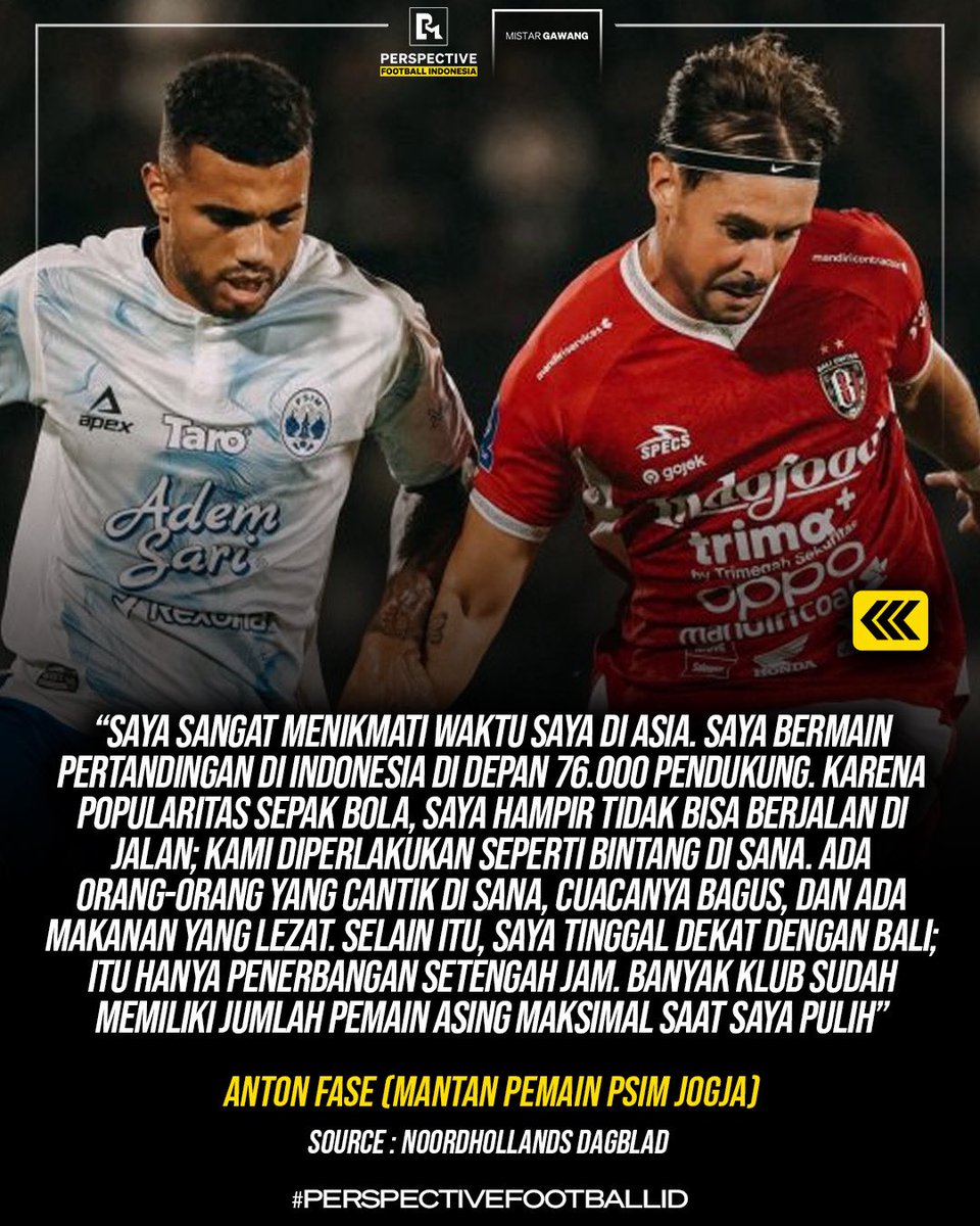 Persfootball's tweet photo. 🚨BETAH DI INDONESIA KARENA PENDUKUNG DAN MAKANAN YANG COCOK! 🇳🇱🇮🇩🍜

Mantan pemain PSIM Jogjakarta, Anton Fase sangat menikmati waktu bermainnya di Indonesia. Anton belum pernah merasakan atmosfer pendukung yang megah, terutama saat melawan Persija Jakarta di Stadion Gelora Utama Bung Karno dengan kehadiran 76 ribu pendukung.🔥🤯🏟️

Pemain asal Belanda itu juga mengakui bahwa dirinya betah di Indonesia karena makanan yang cocok dan enak. Namun ketika cederanya sembuh, klub-klub di Indonesia sudah memiliki banyak pemain asing. 🙏🏻👋🏻

Kini Anton melanjutkan kariernya di Liga Bulgaria bersama Lokomotiv Plovdiv. 🇧🇬✈️
