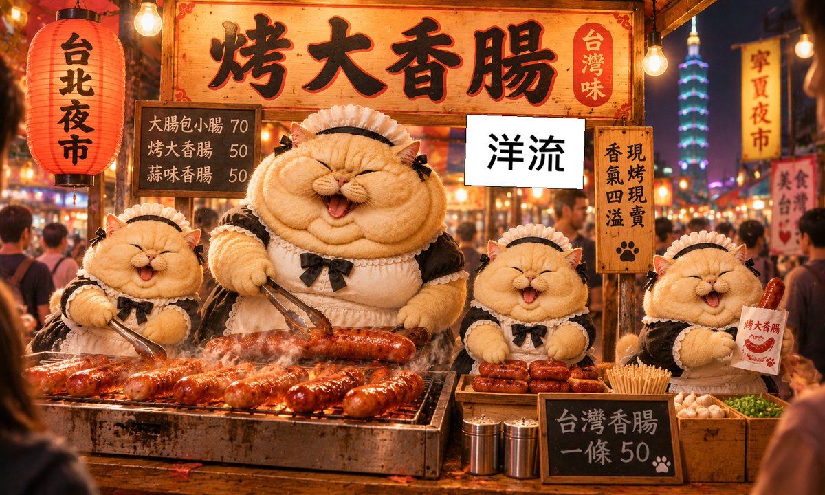 antikpltd2's tweet photo. 四隻穿女僕裝的貓組一個名字叫「貓頭四」的團體在台北某夜市擺攤賣烤大香腸時，掛洋流圖片的畫面‼️
#AI #AIart #cat #AuntieCat #MaidCat #MEOW4 #貓頭四 #sausage #洋流 https://t.co/ZGGyebvn27