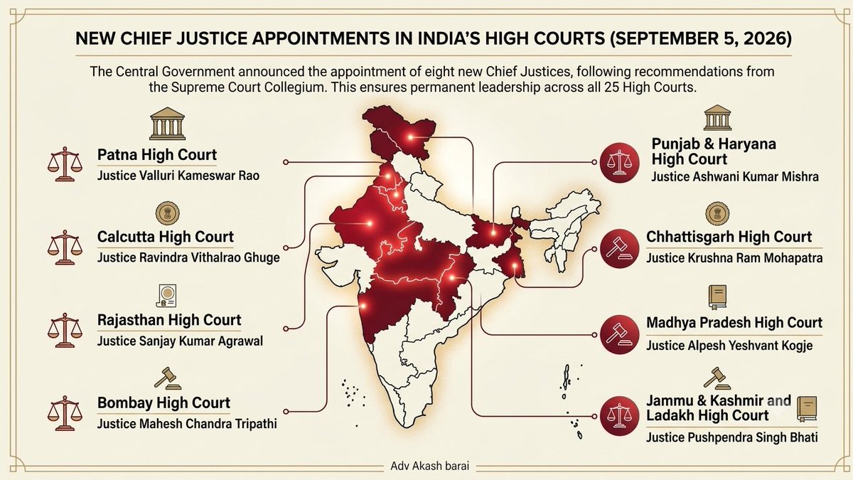 akashbarai_2's tweet photo. 8 New Chief Justices Appointed In high court, 

India 🇮🇳 different state's.

Strengthening India’s Judiciary ⚖️   
 
On September 5, 2026, the Central Government, acting on the recommendations of the Supreme Court Collegium, announced the appointment of eight new Chief Justices https://t.co/4e2adDtmB9