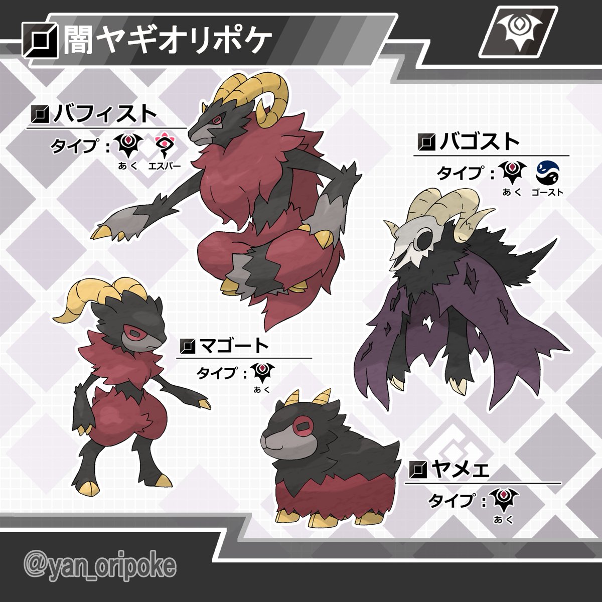 yan_oripoke's tweet photo. 【闇ヤギオリポケ】
①ヤメェ
　タイプ：あく
　由　来：闇+メェ（ヤギの鳴き声）
モチーフ：アイベックス
②マゴート
　タイプ：あく
　由　来：魔+ゴート（ヤギ）
モチーフ：アイベックス

 #オリポケ #fakemon https://t.co/Li9i1vD2uz