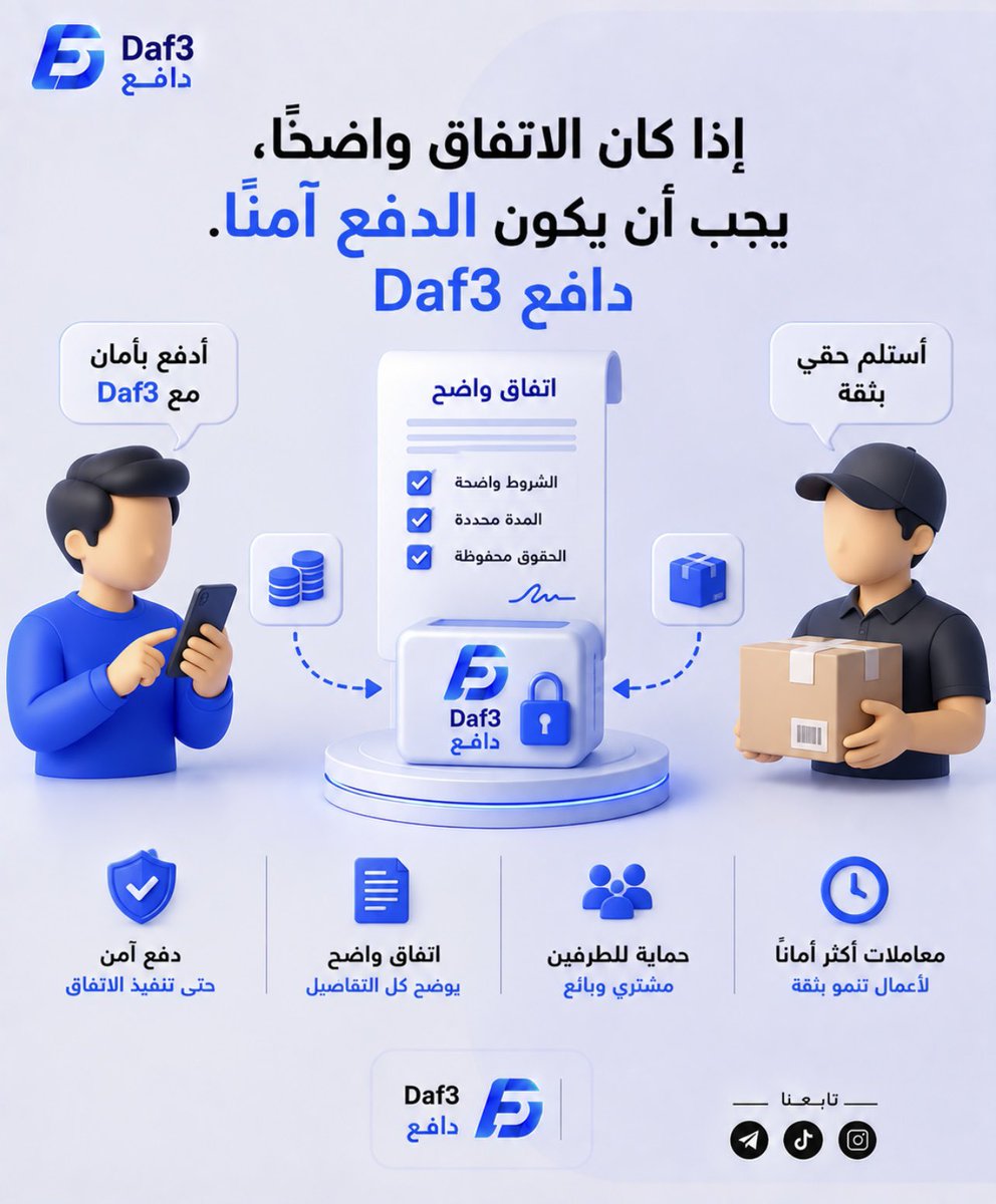 _Daf3_'s tweet photo. عندما تكون الشروط واضحة، يجب أن تكون طريقة الدفع واضحة وآمنة أيضًا.

مع Daf3 دافع، يتم حفظ المبلغ كوسيط بين الطرفين حتى يتم تنفيذ الاتفاق وفق الشروط المتفق عليها.

Daf3 دافع وضوح في الاتفاق، وأمان في الدفع. https://t.co/njdhdozwSC
