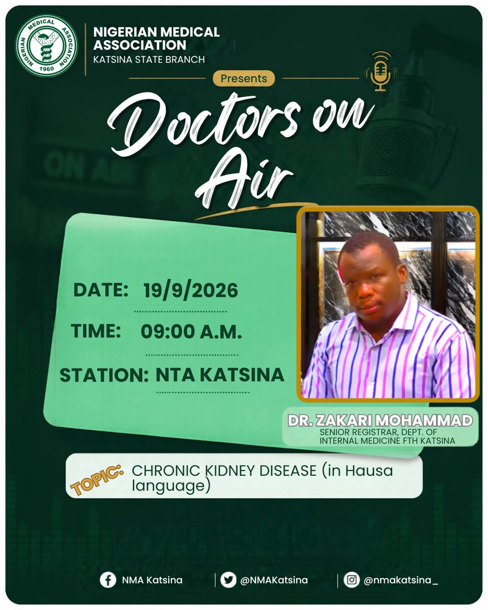 NMAKatsina's tweet photo. A new platform for health conversations, expert advice.

We kick off today with:

Topic: Chronic Kidney Disease
Guest: Dr. Zakari Mohammad
Station: NTA Katsina

Tune in, learn something new, and share with someone who needs to hear it! https://t.co/Fia2PNp6q6