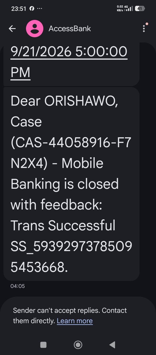 ironbydefault's tweet photo. Hello, I received the above text yesterday that the case is closed with feedback, can you explain what this means? The money involved is yet to be reversed!
@myaccessbank https://t.co/mkK1mDNhaM
